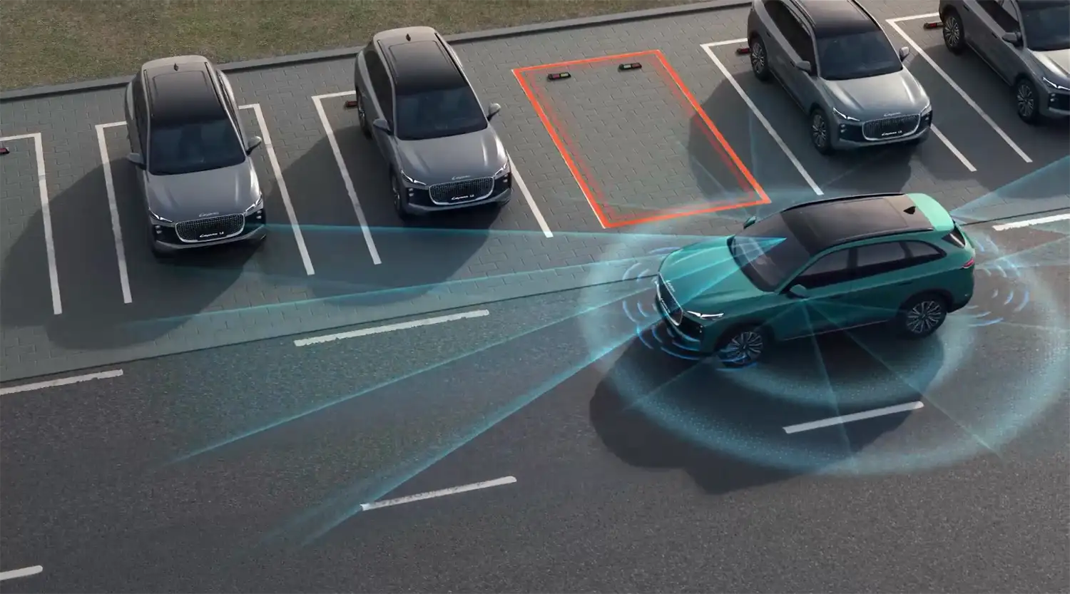 Sistem radar pada fitur parkir otomatis LEPAS L8 mendeteksi rintangan sekitar