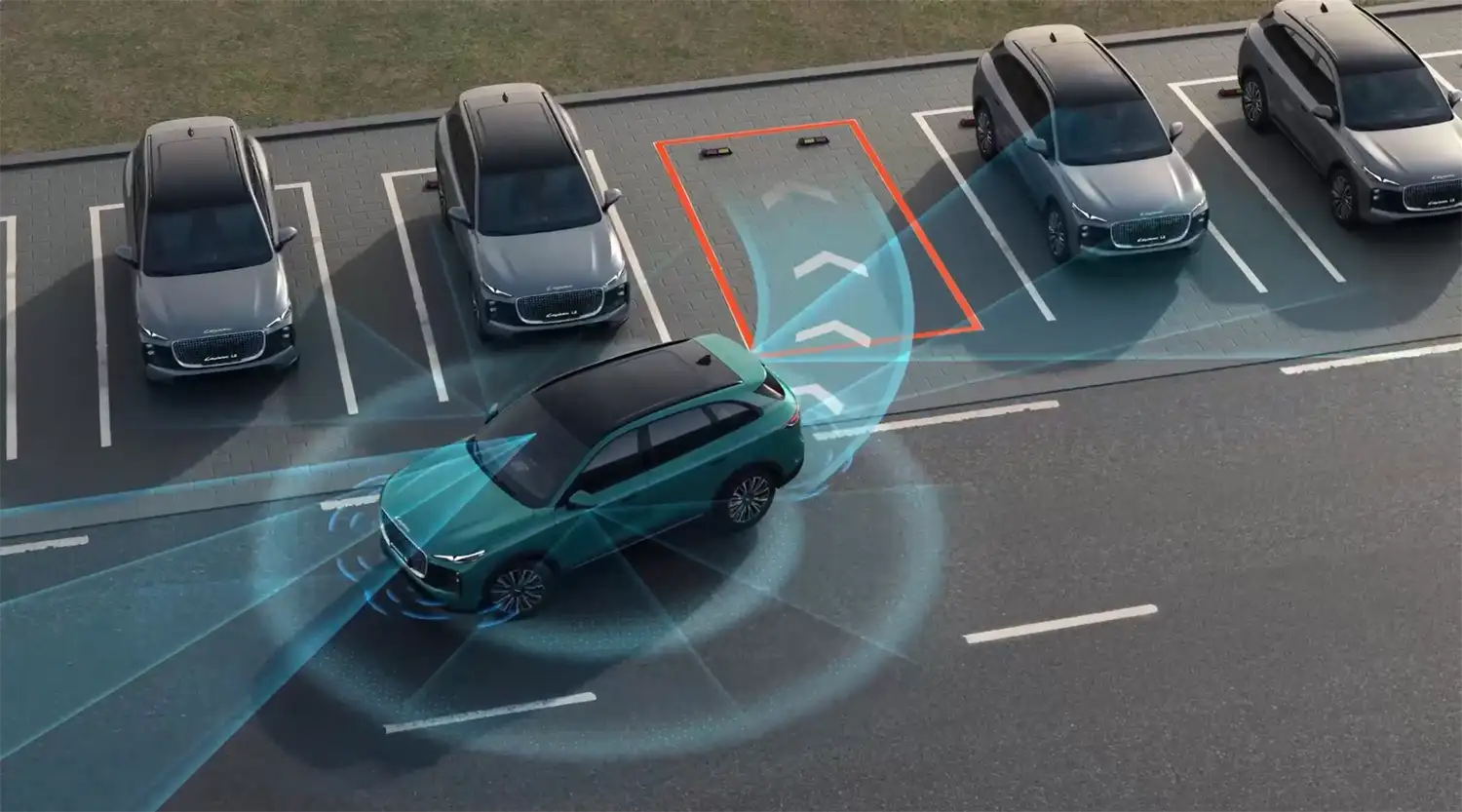 Dengan sensor ADAS mobil LEPAS L8 melakukan manuver mundur otomatis menggunakan sensor canggih